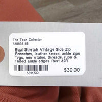 Vintage Side Zip Breeches, leather knees, ankle zips *vgc, mnr stains, threads, rubs & faded ankle edges
