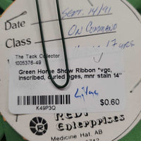 Green Horse Show Ribbon *vgc, inscribed, curled eges, mnr stain
