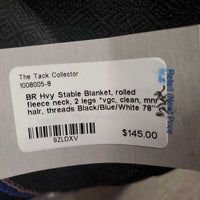 Hvy Stable Blanket, rolled fleece neck, 2 legs *vgc, clean, mnr hair, threads