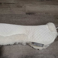Sheepskin Quilt Half Pad, rolled edges *vgc, clean, mnr stains, clumpy, puckers, threads, bare spots, dingy