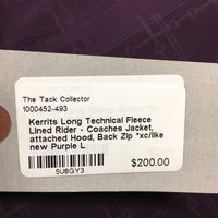 Long Technical Fleece Lined Rider - Coaches Jacket, attached Hood, Back Zip *xc/like new
