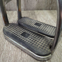 Thick Hvy Stirrup Irons, grips *gc.fair, clean, bubbled & pitted, v.rubbed grips, older
