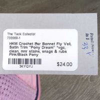 Crochet Ear Bonnet Fly Veil, Satin Trim "Pony Dream" *vgc, clean, mnr stains, snags & rubs
