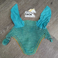 Crochet Ear Bonnet Fly Veil, string *gc/fair, mnr frays, stains, faded, shrunk?curled, discolroed, mnr edge threads
