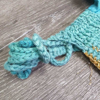 Crochet Ear Bonnet Fly Veil, string *gc/fair, mnr frays, stains, faded, shrunk?curled, discolroed, mnr edge threads
