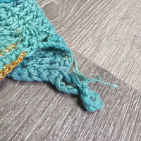 Crochet Ear Bonnet Fly Veil, string *gc/fair, mnr frays, stains, faded, shrunk?curled, discolroed, mnr edge threads
