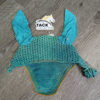 Crochet Ear Bonnet Fly Veil, string *gc/fair, mnr frays, stains, faded, shrunk?curled, discolroed, mnr edge threads
