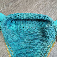 Crochet Ear Bonnet Fly Veil, string *gc/fair, mnr frays, stains, faded, shrunk?curled, discolroed, mnr edge threads
