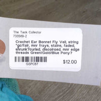 Crochet Ear Bonnet Fly Veil, string *gc/fair, mnr frays, stains, faded, shrunk?curled, discolroed, mnr edge threads
