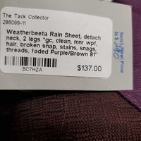 Rain Sheet, detach neck, 2 legs *gc, clean, mnr wpf, hair, broken snap, stains, snags, threads, faded
