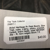 Pr Field Boots, Zips *fair, rubs, v.dirty, sticky, creases, faded, worn heels, older BROKEN Zip - R, torn edges
