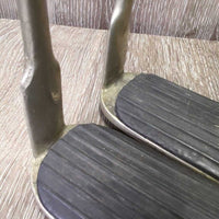 Wide Stirrup Irons, grips *gc, older, too small grips, stains, scratches, residue
