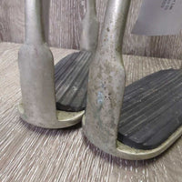 Wide Stirrup Irons, grips *gc, older, too small grips, stains, scratches, residue
