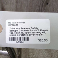 Thick Hvy Peacock Safety Stirrups, 2 Rubber Bands, 2 Keeper *gc, clean, NO grips, cracking els, stains, scratches
