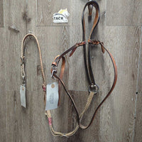 Leather Tie Down Noseband & Braided Nylon Rope Tie Down Strap *gc/fair, stains, stiff, bent, rubs, dirty, taped, faded
