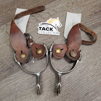 Pr Western Rowel Spurs, Smooth Leather Spur Straps *gc, clean, scratches, rubs, stains, sliced strap edges
