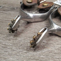 Pr Western Rowel Spurs, Smooth Leather Spur Straps *gc, clean, scratches, rubs, stains, sliced strap edges
