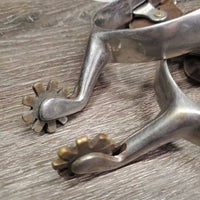 Pr Western Rowel Spurs, Smooth Leather Spur Straps *gc, clean, scratches, rubs, stains, sliced strap edges
