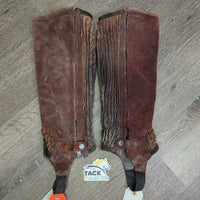 Suede Half Chaps *fair, older, stains, rubs, dirt, film, faded, v.stretched/wavy elastics
