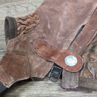 Suede Half Chaps *fair, older, stains, rubs, dirt, film, faded, v.stretched/wavy elastics
