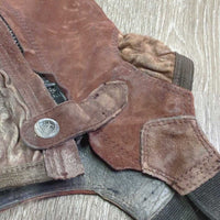 Suede Half Chaps *fair, older, stains, rubs, dirt, film, faded, v.stretched/wavy elastics

