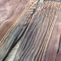 Suede Half Chaps *fair, older, stains, rubs, dirt, film, faded, v.stretched/wavy elastics
