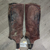 Suede Half Chaps *fair, older, stains, rubs, dirt, film, faded, v.stretched/wavy elastics
