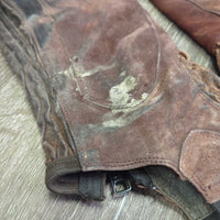 Suede Half Chaps *fair, older, stains, rubs, dirt, film, faded, v.stretched/wavy elastics
