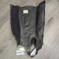 Suede Half Chaps *fair, older, stains, rubs, dirt, film, faded, v.stretched/wavy elastics
