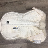 Quilt Sheepskin Half Pad, rolled pommel *gc, clean, stains, mnr hair, clumpy, dingy, thin spots, puckers