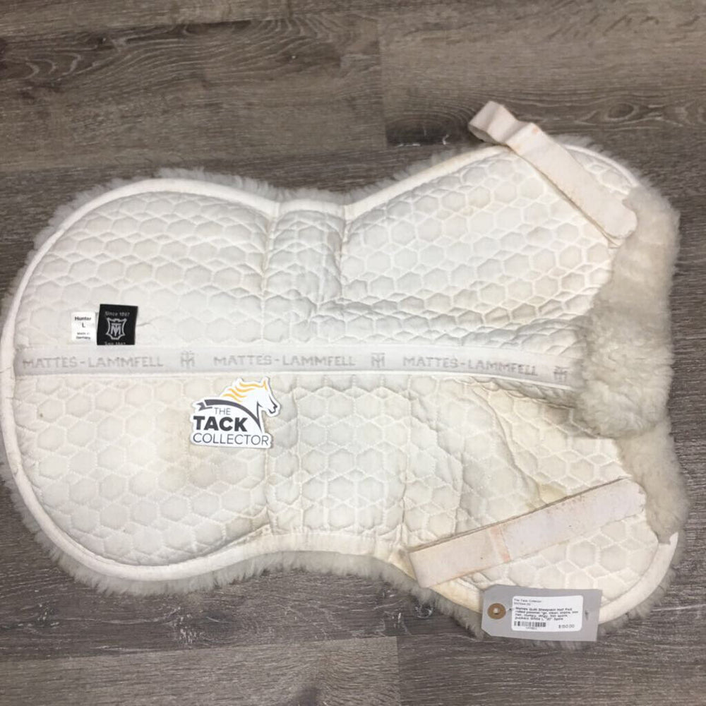 Quilt Sheepskin Half Pad, rolled pommel *gc, clean, stains, mnr hair, clumpy, dingy, thin spots, puckers