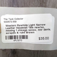 Light Narrow Leather Headstall *like new/xc, missing 1 chicago screw, mnr dents, scrapes & rubs
