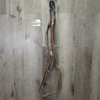 Tooled Leather Tie Down Noseband, Thick Soft Nylon Web Tie Down Strap *gc/fair, chewed, oxidized, trimmed end, xholes, stains, scrapes, dry, stiff
