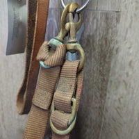 Tooled Leather Tie Down Noseband, Thick Soft Nylon Web Tie Down Strap *gc/fair, chewed, oxidized, trimmed end, xholes, stains, scrapes, dry, stiff

