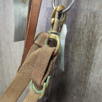 Tooled Leather Tie Down Noseband, Thick Soft Nylon Web Tie Down Strap *gc/fair, chewed, oxidized, trimmed end, xholes, stains, scrapes, dry, stiff

