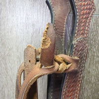 Tooled Leather Tie Down Noseband, Thick Soft Nylon Web Tie Down Strap *gc/fair, chewed, oxidized, trimmed end, xholes, stains, scrapes, dry, stiff
