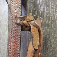 Tooled Leather Tie Down Noseband, Thick Soft Nylon Web Tie Down Strap *gc/fair, chewed, oxidized, trimmed end, xholes, stains, scrapes, dry, stiff
