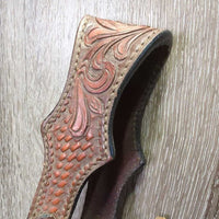 Tooled Leather Tie Down Noseband, Thick Soft Nylon Web Tie Down Strap *gc/fair, chewed, oxidized, trimmed end, xholes, stains, scrapes, dry, stiff
