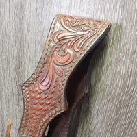 Tooled Leather Tie Down Noseband, Thick Soft Nylon Web Tie Down Strap *gc/fair, chewed, oxidized, trimmed end, xholes, stains, scrapes, dry, stiff
