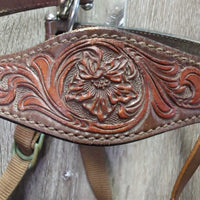 Tooled Leather Tie Down Noseband, Thick Soft Nylon Web Tie Down Strap *gc/fair, chewed, oxidized, trimmed end, xholes, stains, scrapes, dry, stiff
