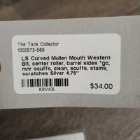 LS Curved Mullen Mouth Western Bit, center roller, barrel sides *gc, mnr scuffs, clean, scuffs, stains, scratches