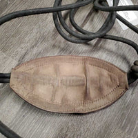 Nylon Rope Halter, leather "bronc" nose, lead *gc, mnr hair, dirt, stiff, frays, dirt