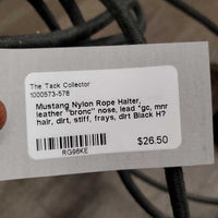 Nylon Rope Halter, leather "bronc" nose, lead *gc, mnr hair, dirt, stiff, frays, dirt