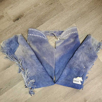 Pr Full Suede Western Reining Chaps, Buckstitch, Fringe *gc/fair, rubs, v.faded & discolored, stains, clean, torn buckle straps
