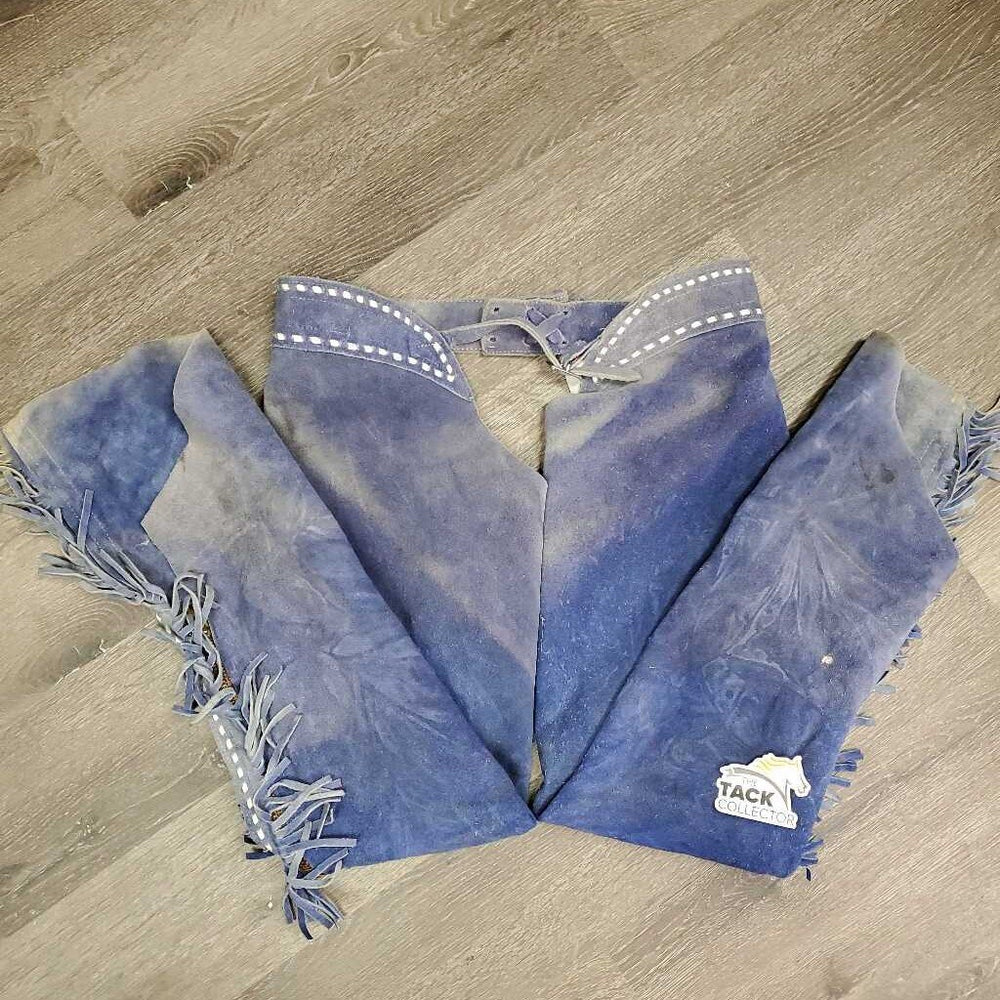 Pr Full Suede Western Reining Chaps, Buckstitch, Fringe *gc/fair, rubs, v.faded & discolored, stains, clean, torn buckle straps