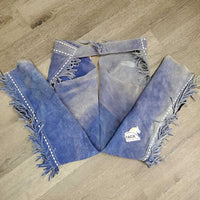 Pr Full Suede Western Reining Chaps, Buckstitch, Fringe *gc/fair, rubs, v.faded & discolored, stains, clean, torn buckle straps
