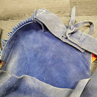 Pr Full Suede Western Reining Chaps, Buckstitch, Fringe *gc/fair, rubs, v.faded & discolored, stains, clean, torn buckle straps