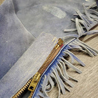 Pr Full Suede Western Reining Chaps, Buckstitch, Fringe *gc/fair, rubs, v.faded & discolored, stains, clean, torn buckle straps
