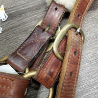 Triple Stitch Leather Halter, 2 Sheepskin Covers, nameplate *vgc, mnr dirt, older?, stains, creases, edge scrapes