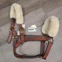 Triple Stitch Leather Halter, 2 Sheepskin Covers, nameplate *vgc, mnr dirt, older?, stains, creases, edge scrapes